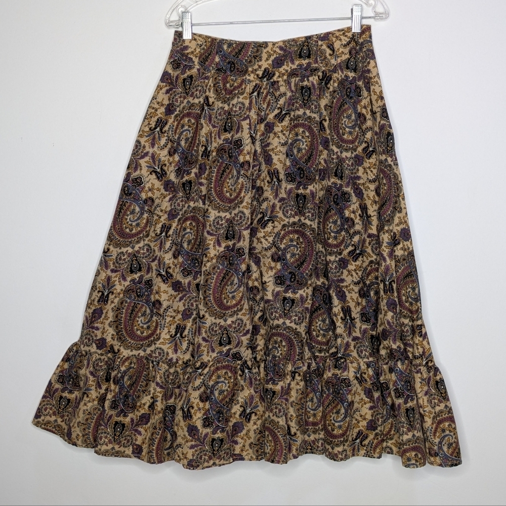Vintage Miller Stockman Tan Purple Blue Paisley Wool Blend Midi Skirt 13/14